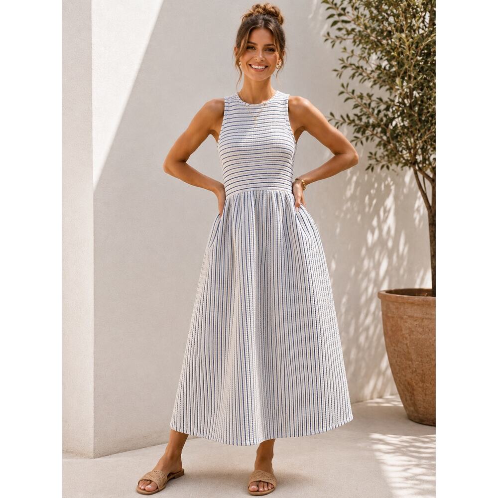 dRA Los Angeles Striped Rib Knit Midi Dress Large Blue White Pockets Coastal